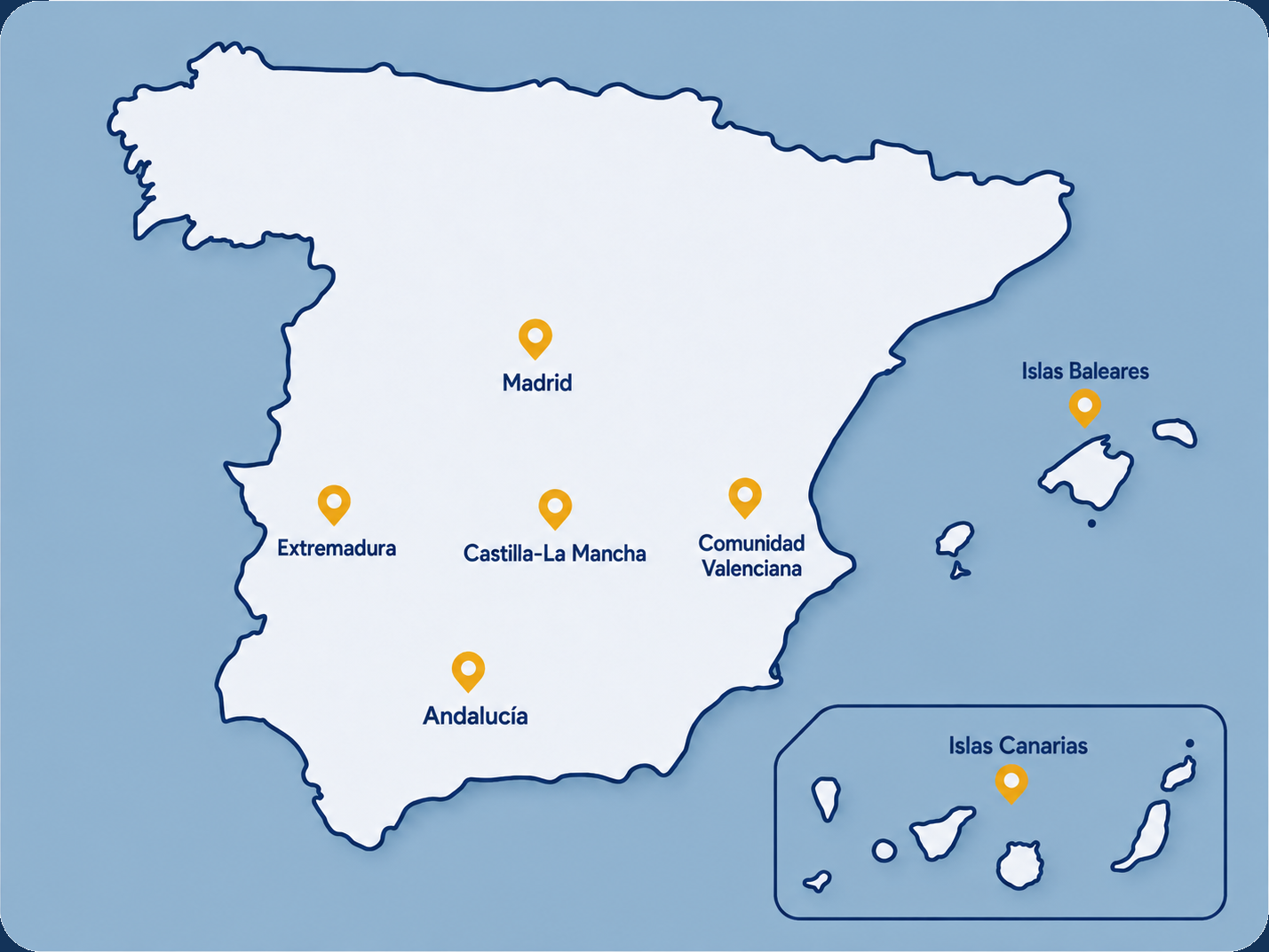 Mapa de España con comunidades autónomas destacadas, con las esquinas exteriores integradas en azul oscuro
