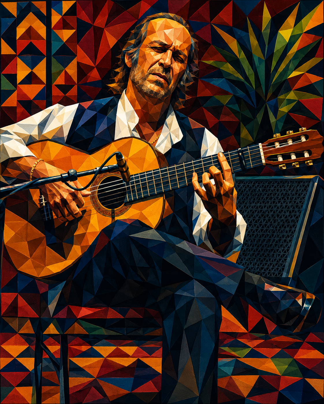 Ilustración geométrica de un guitarrista flamenco tocando la guitarra